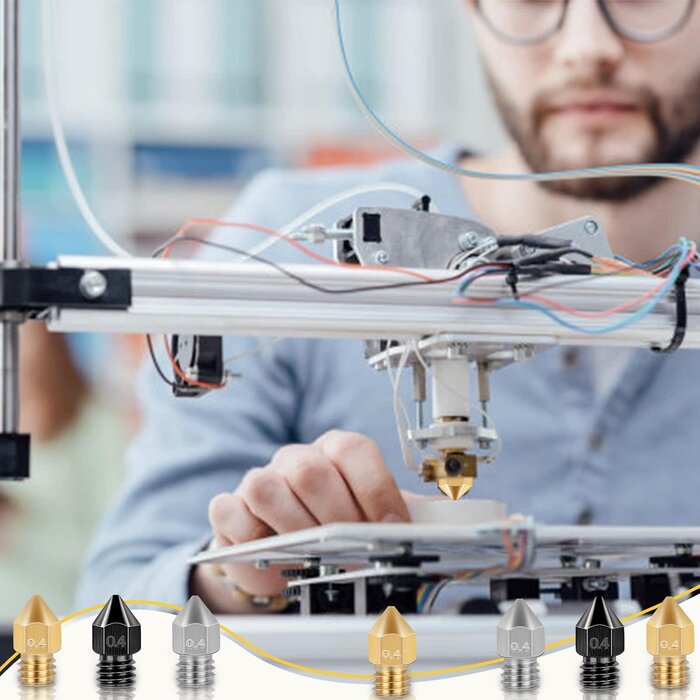 Axeyil AQ-553 - Axeyil 50 Pcs 3D Printer Nozzles Hardened Steel Stainless Steel Brass Printer Extruder Nozzles Set for CR-10, Ender 3 High Temperature Pointed Wear Resistant Mk8 Nozzle Cleaning Kit