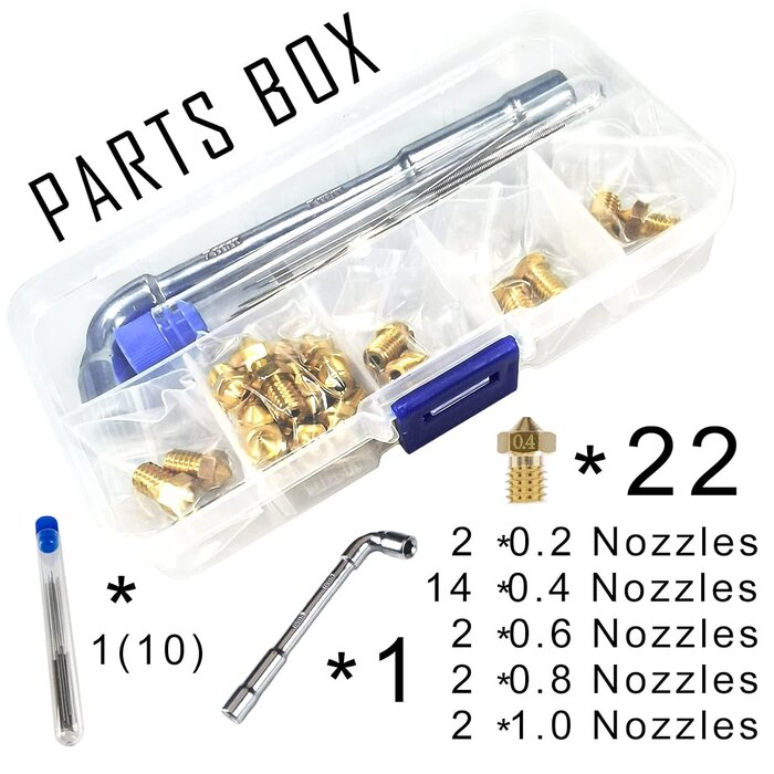 XIFOWE E-PT - XIFOWE Nozzles 22 pcs 3D Printer Extruders Brass Nozzles for V5-V6 3D Printer, 0.2mm, 0.4mm, 0.6mm, 0.8mm, 1.0mm, with DIY Tools and A Ten-Grid Parts Box, Compatible with I3 A8 MK3/MK3S Clone