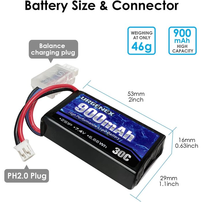 URGENEX 7.4V Lipo Battery 2S 30C 900mAh
