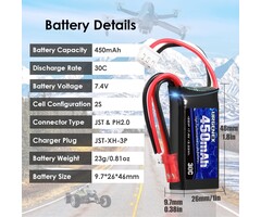 JST/PH2.0-7.4V-450MAH - URGENEX 7.4V Lipo Battery 2S 30C 450mAh Rechargeable Lipo Battery with JST & PH2.0 Plug SCX24 Small Lipo Battery Compatible with Most 1/10, 1/16, 1/18, 1/24 Scale RC Cars Trucks and RC Drone Airplane