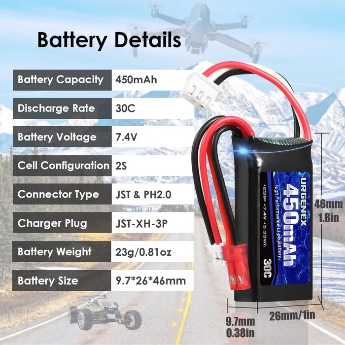 JST/PH2.0-7.4V-450MAH - URGENEX 7.4V Lipo Battery 2S 30C 450mAh Rechargeable Lipo Battery with JST & PH2.0 Plug SCX24 Small Lipo Battery Compatible with Most 1/10, 1/16, 1/18, 1/24 Scale RC Cars Trucks and RC Drone Airplane