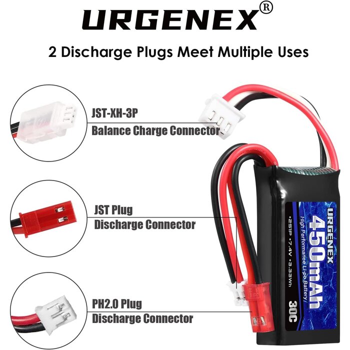 JST/PH2.0-7.4V-450MAH - URGENEX 7.4V Lipo Battery 2S 30C 450mAh Rechargeable Lipo Battery with JST & PH2.0 Plug SCX24 Small Lipo Battery Compatible with Most 1/10, 1/16, 1/18, 1/24 Scale RC Cars Trucks and RC Drone Airplane