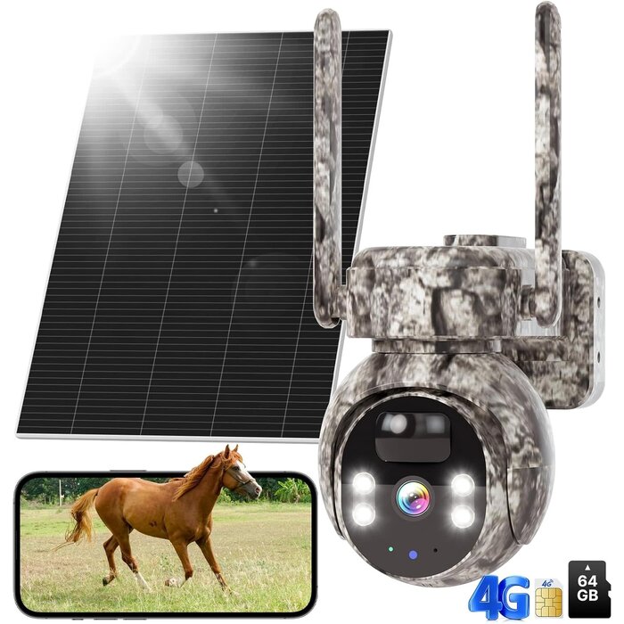 Hiseeu WK-3C70 - Hiseeu 4G LTE Cellular Security Camera Solar Powered, No WiFi Security Cameras Wireless Outdoor, PIR Motion, 2 Way Talk, 360° PTZ, 2K Color Night Vision, 64G SD & SIM Card Included