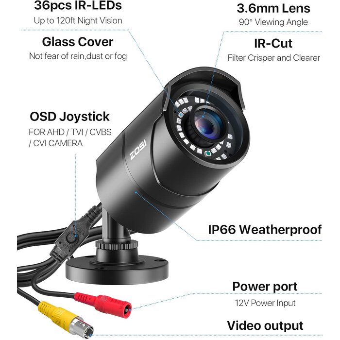 ZOSI-1920TVL-1 - ZOSI 1080P 1920TVL Security Camera Outdoor Indoor, Hybrid 4-in-1 TVI/CVI/AHD/960H CVBS Bullet Cam for Analog Home Office Surveillance DVR CCTV System,IP67 Weatherproof,120ft IR Night Vision,Black