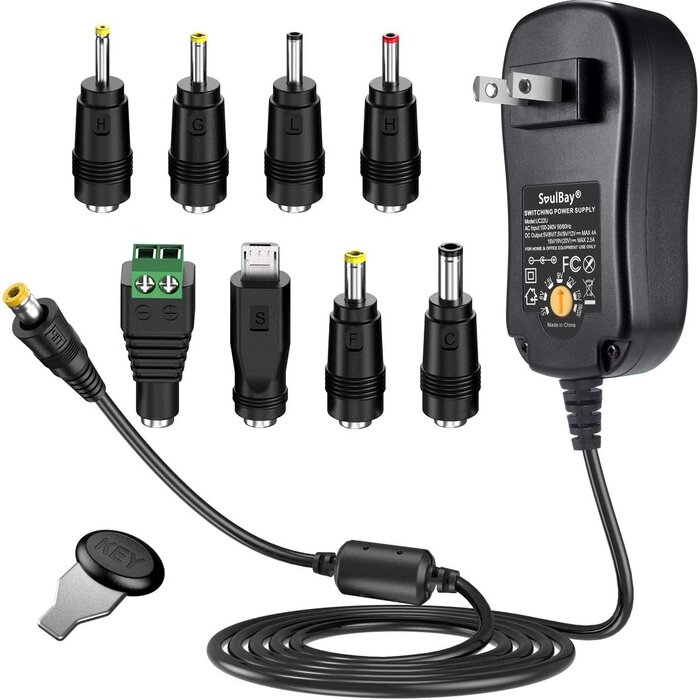 48W-5-20V-2.5AMP - SoulBay 48W Universal AC Adapter DC 5V 6V 7.5V 9V 12V 15V 19V 20V Switching Power Supply 100-240VAC Input US Plug Transformer with 8 Tips for Household Electronics