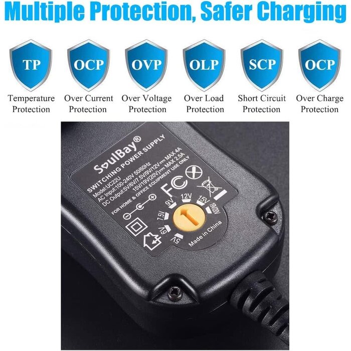 48W-5-20V-2.5AMP - SoulBay 48W Universal AC Adapter DC 5V 6V 7.5V 9V 12V 15V 19V 20V Switching Power Supply 100-240VAC Input US Plug Transformer with 8 Tips for Household Electronics