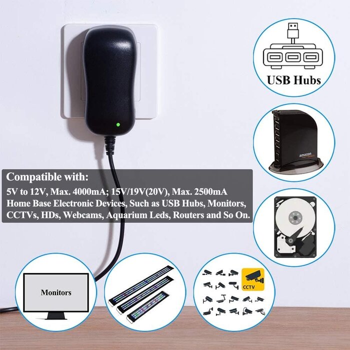 48W-5-20V-2.5AMP - SoulBay 48W Universal AC Adapter DC 5V 6V 7.5V 9V 12V 15V 19V 20V Switching Power Supply 100-240VAC Input US Plug Transformer with 8 Tips for Household Electronics