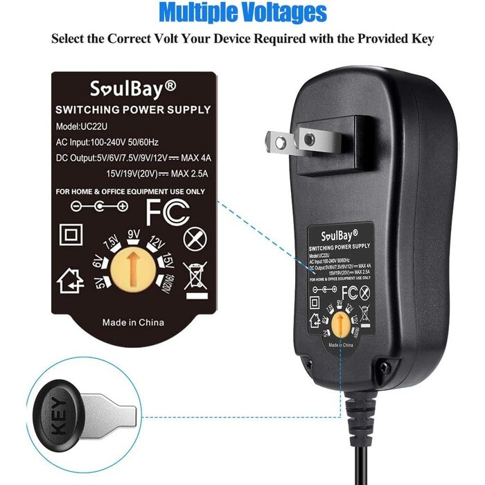 48W-5-20V-2.5AMP - SoulBay 48W Universal AC Adapter DC 5V 6V 7.5V 9V 12V 15V 19V 20V Switching Power Supply 100-240VAC Input US Plug Transformer with 8 Tips for Household Electronics