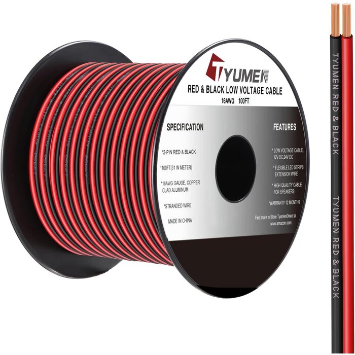 Tyumen 16-GAUGE-WIRE - Tyumen 16 Gauge Wire 100FT, 16/2 AWG Red Black Hookup Electrical Wire LED Strips Extension Cord 12V/24V DC Cable, 16AWG 2 Conductors Flexible Wire for in-Home, Autos, Schools use