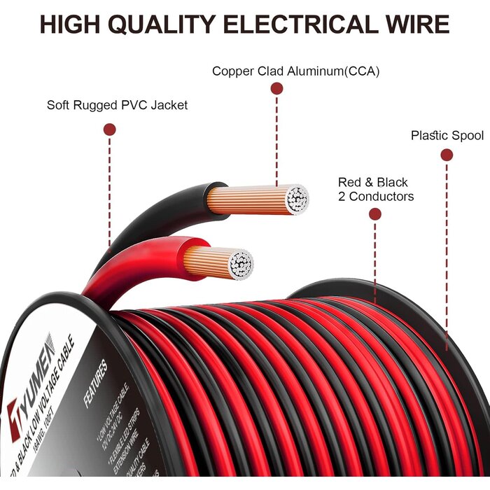 Tyumen 16-GAUGE-WIRE - Tyumen 16 Gauge Wire 100FT, 16/2 AWG Red Black Hookup Electrical Wire LED Strips Extension Cord 12V/24V DC Cable, 16AWG 2 Conductors Flexible Wire for in-Home, Autos, Schools use