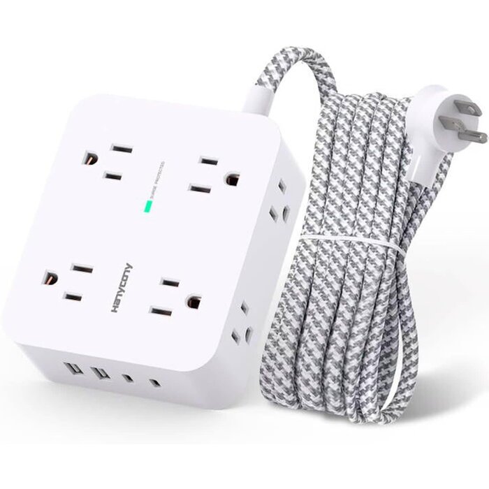 HANYCONY HN8U5WC - HANYCONY 900 Joules Surge Protector Power Strip, White - 8 Outlets with 4 USB (2 USB C) Charging Ports, Multi Plug Outlet Extender, 5Ft Braided Extension Cord, Flat Plug Wall Mount Desk USB Charging Station for Home Office ETL
