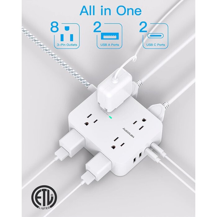 HANYCONY HN8U5WC - HANYCONY 900 Joules Surge Protector Power Strip, White - 8 Outlets with 4 USB (2 USB C) Charging Ports, Multi Plug Outlet Extender, 5Ft Braided Extension Cord, Flat Plug Wall Mount Desk USB Charging Station for Home Office ETL