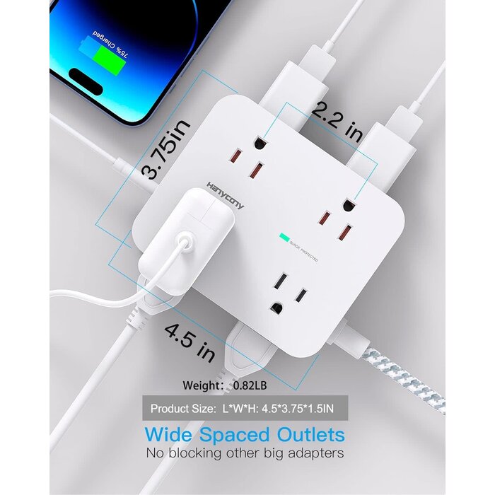 HANYCONY HN8U5WC - HANYCONY 900 Joules Surge Protector Power Strip, White - 8 Outlets with 4 USB (2 USB C) Charging Ports, Multi Plug Outlet Extender, 5Ft Braided Extension Cord, Flat Plug Wall Mount Desk USB Charging Station for Home Office ETL