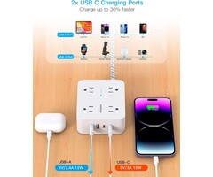 HANYCONY HN8U5WC - HANYCONY 900 Joules Surge Protector Power Strip, White - 8 Outlets with 4 USB (2 USB C) Charging Ports, Multi Plug Outlet Extender, 5Ft Braided Extension Cord, Flat Plug Wall Mount Desk USB Charging Station for Home Office ETL