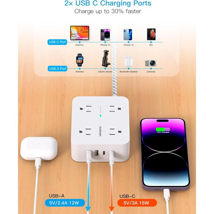 HANYCONY HN8U5WC - HANYCONY 900 Joules Surge Protector Power Strip, White - 8 Outlets with 4 USB (2 USB C) Charging Ports, Multi Plug Outlet Extender, 5Ft Braided Extension Cord, Flat Plug Wall Mount Desk USB Charging Station for Home Office ETL