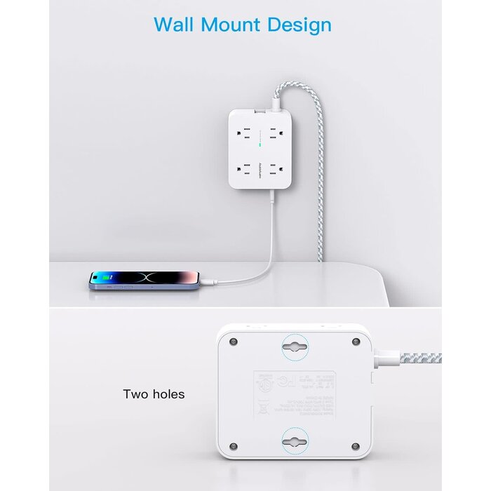 HANYCONY HN8U5WC - HANYCONY 900 Joules Surge Protector Power Strip, White - 8 Outlets with 4 USB (2 USB C) Charging Ports, Multi Plug Outlet Extender, 5Ft Braided Extension Cord, Flat Plug Wall Mount Desk USB Charging Station for Home Office ETL