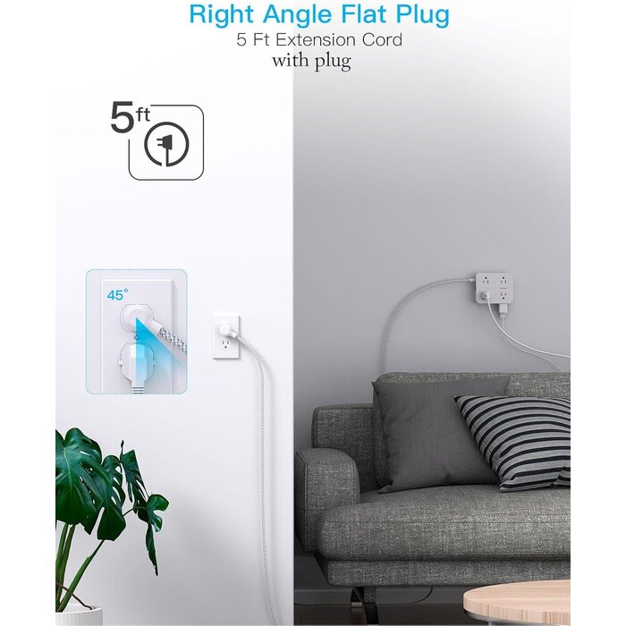 HANYCONY HN8U5WC - HANYCONY 900 Joules Surge Protector Power Strip, White - 8 Outlets with 4 USB (2 USB C) Charging Ports, Multi Plug Outlet Extender, 5Ft Braided Extension Cord, Flat Plug Wall Mount Desk USB Charging Station for Home Office ETL