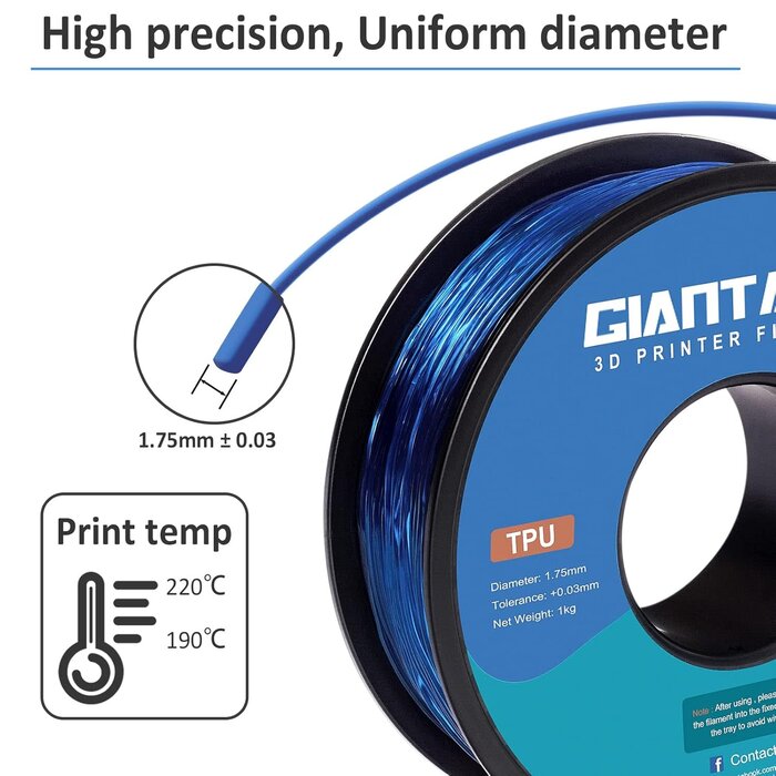 GIANTARM TPU-1430 - GIANTARM TPU Filament 1.75mm Flexible Soft 3D Printer Consumables Blue, 95A 1kg Spool (2.2 lbs.), Dimensional Accuracy +/- 0.05 mm