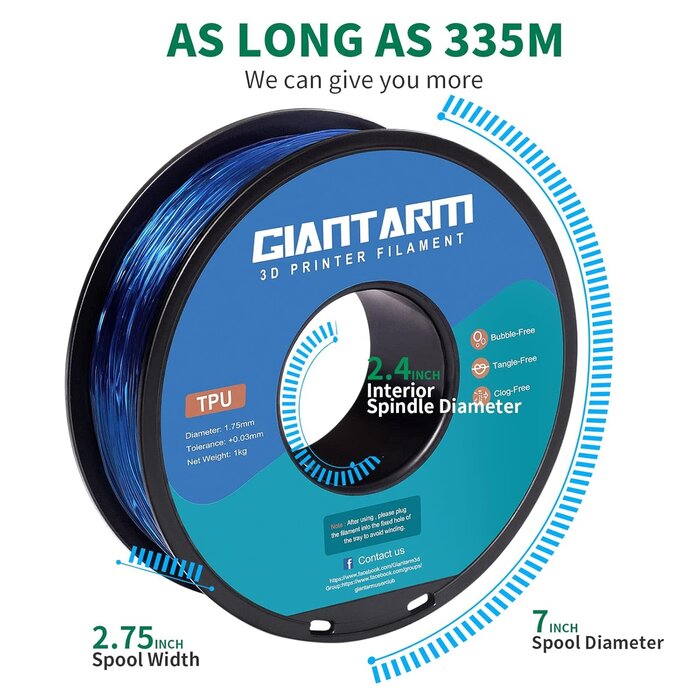 GIANTARM TPU-1430 - GIANTARM TPU Filament 1.75mm Flexible Soft 3D Printer Consumables Blue, 95A 1kg Spool (2.2 lbs.), Dimensional Accuracy +/- 0.05 mm
