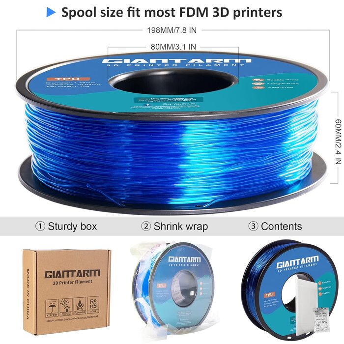 GIANTARM TPU-1430 - GIANTARM TPU Filament 1.75mm Flexible Soft 3D Printer Consumables Blue, 95A 1kg Spool (2.2 lbs.), Dimensional Accuracy +/- 0.05 mm