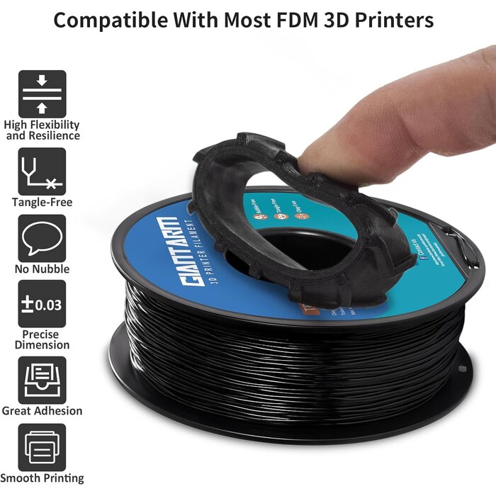 GIANTARM TPU-1148 - GIANTARM TPU Filament 1.75mm Flexible Soft 3D Printer Consumables Black, 95A 1kg Spool (2.2 lbs.), Dimensional Accuracy +/- 0.05 mm