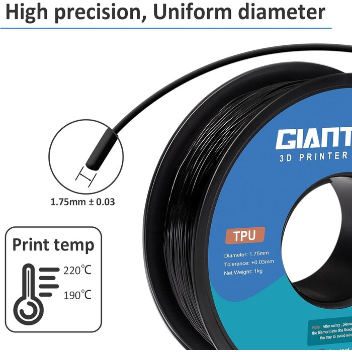 GIANTARM TPU-1148 - GIANTARM TPU Filament 1.75mm Flexible Soft 3D Printer Consumables Black, 95A 1kg Spool (2.2 lbs.), Dimensional Accuracy +/- 0.05 mm