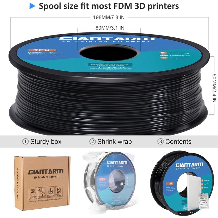 GIANTARM TPU-1148 - GIANTARM TPU Filament 1.75mm Flexible Soft 3D Printer Consumables Black, 95A 1kg Spool (2.2 lbs.), Dimensional Accuracy +/- 0.05 mm
