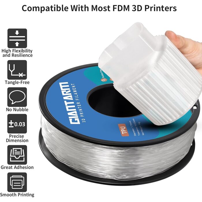 GIANTARM TPU-1146 - GIANTARM TPU Filament, 95A TPU Filament 1.75mm, Dimensional Accuracy +/- 0.03, Flexible Soft 3D Printer Filament 1kg Spool(2.2 lbs), Vacuum Packaging (Clear)