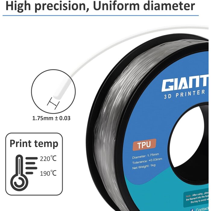 GIANTARM TPU-1146 - GIANTARM TPU Filament, 95A TPU Filament 1.75mm, Dimensional Accuracy +/- 0.03, Flexible Soft 3D Printer Filament 1kg Spool(2.2 lbs), Vacuum Packaging (Clear)