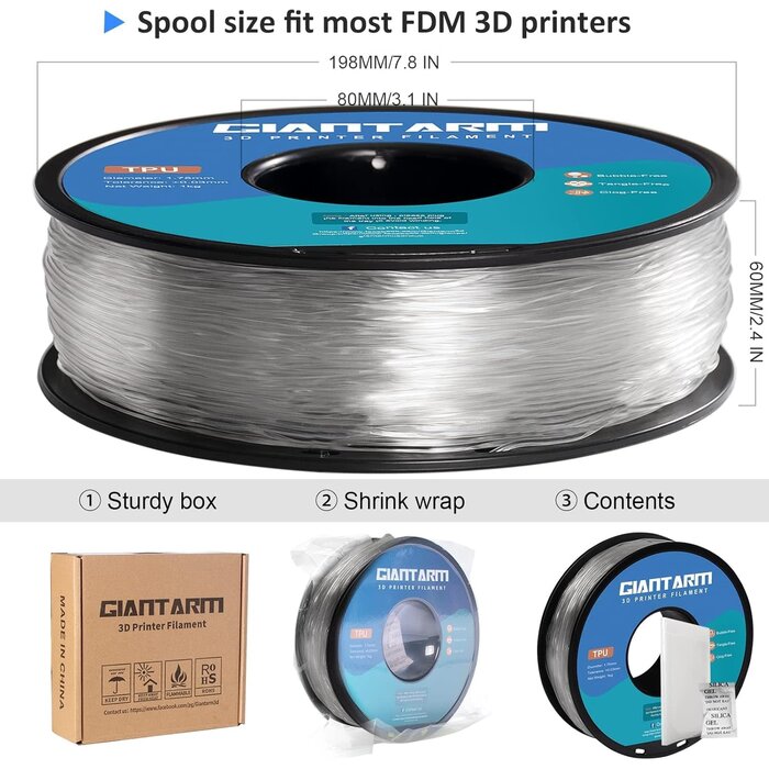 GIANTARM TPU-1146 - GIANTARM Clear TPU Filament, 95A TPU Filament 1.75mm, Dimensional Accuracy +/- 0.03, Flexible Soft 3D Printer Filament 1kg Spool(2.2 lbs), Vacuum Packaging