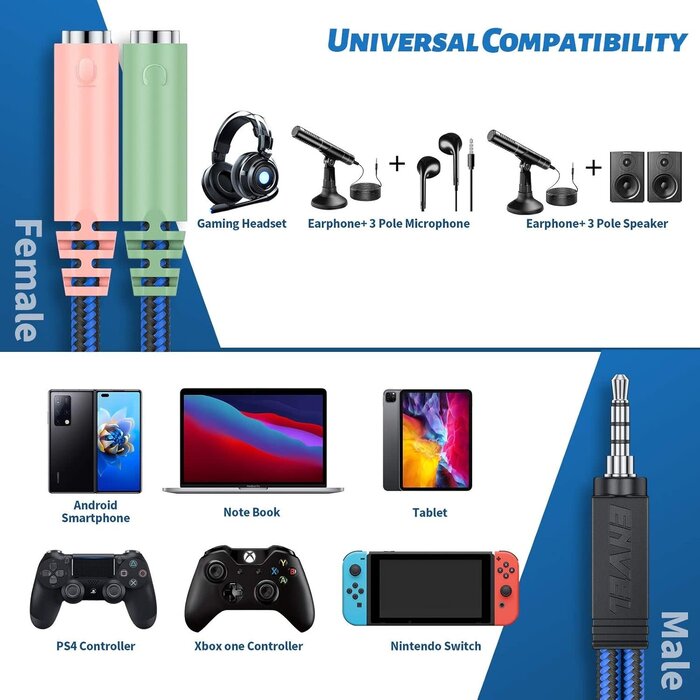 ENVEL 3.5M2SPLIT-3.5F - ENVEL Headset Y Adapter 2 Female to 1 Male 3.5mm Jack Cable with Separate Mic and Audio Headphone Connector Mutual Convertors for Gaming Headset, PS4, Xbox One, Notebook, Mobile Phone Laptop