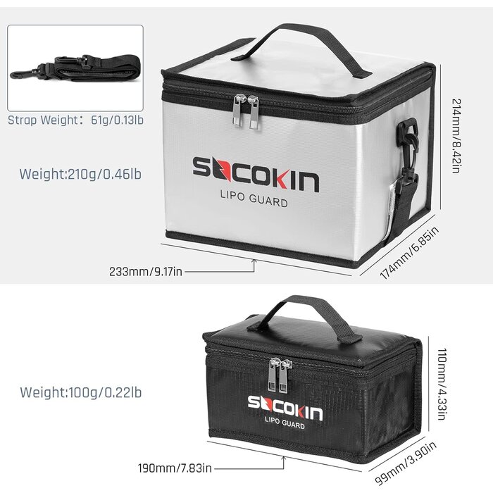 Socokin SOCOKIN-211020 - Socokin Lipo Battery Safe Bag Fireproof Explosionproof Large Capacity Bag for Charge and Storage with Detachable Adjustable Shoulder Strap (2 Pack)