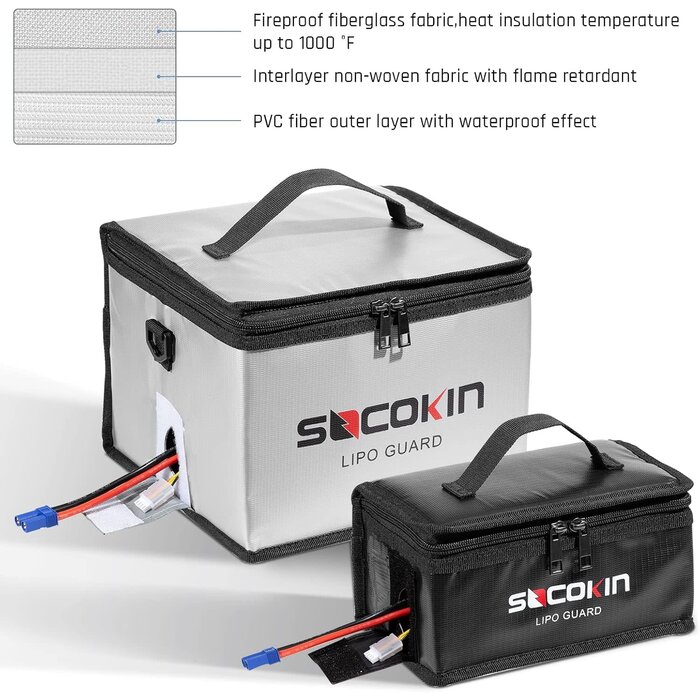 Socokin SOCOKIN-211020 - Socokin Lipo Battery Safe Bag Fireproof Explosionproof Large Capacity Bag for Charge and Storage with Detachable Adjustable Shoulder Strap (2 Pack)