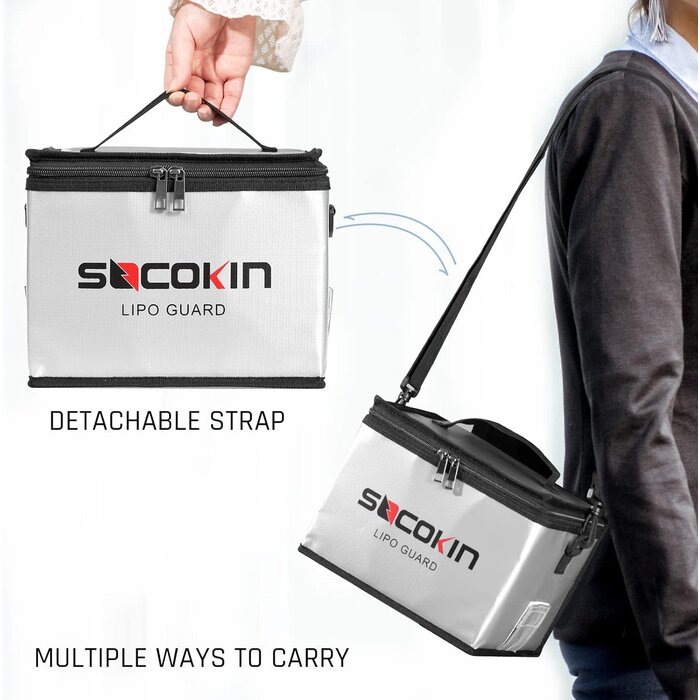 Socokin SOCOKIN-211020 - Socokin Lipo Battery Safe Bag Fireproof Explosionproof Large Capacity Bag for Charge and Storage with Detachable Adjustable Shoulder Strap (2 Pack)