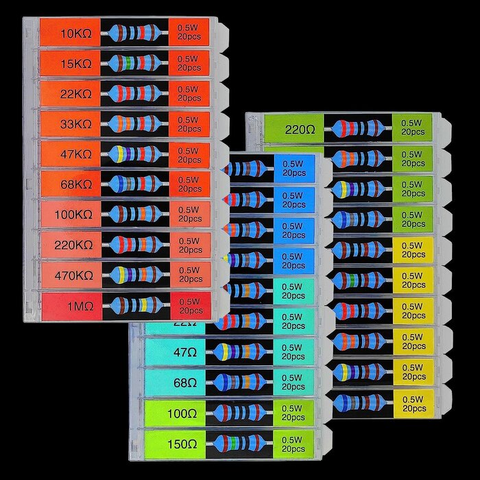 1/2W-10K-Ohm-1M-Ohm - EEEEE - 1/2W 20 Values 200pcs Individual Compartment 10K Ohm-1M Ohm with 1% Metal Film Resistor Assortment Kit and Electrical Industrial Assorted Set K Ohm Pack for Led Lights Arduino Raspberry Pi