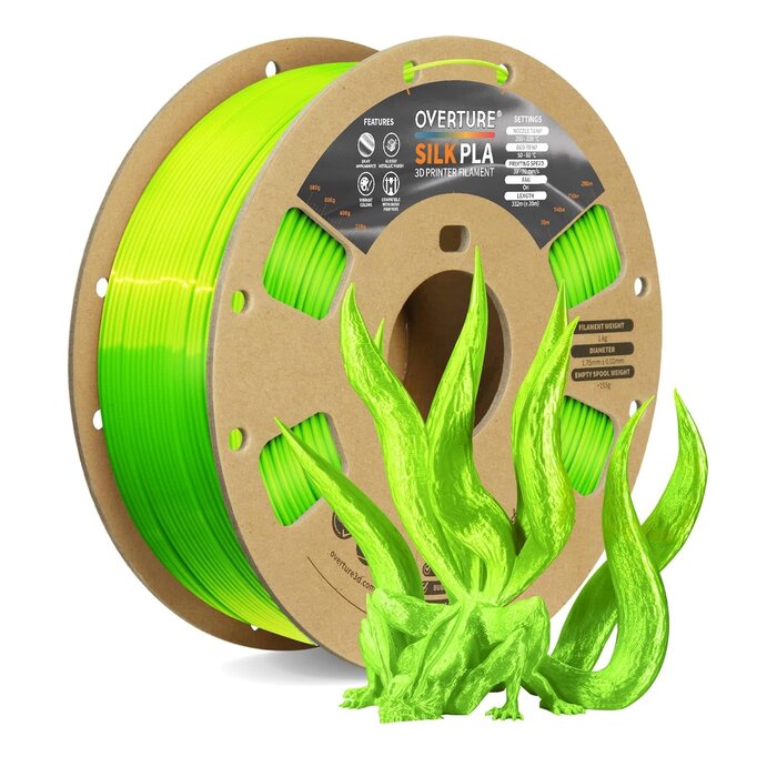 OVERTURE Silk Neon Green Filament PLA 1.75mm Clog-Free Shiny 3D Printer Filament, 1kg Spool (2.2lbs), Dimensional Accuracy +/- 0.02 mm, Fit Most FDM Printer
