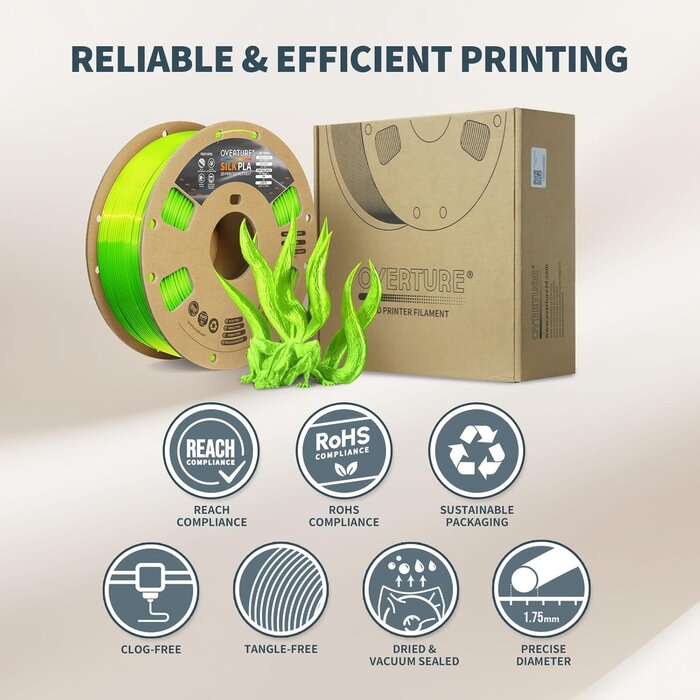 OVERTURE Silk Neon Green Filament PLA 1.75mm Clog-Free Shiny 3D Printer Filament, 1kg Spool (2.2lbs), Dimensional Accuracy +/- 0.02 mm, Fit Most FDM Printer