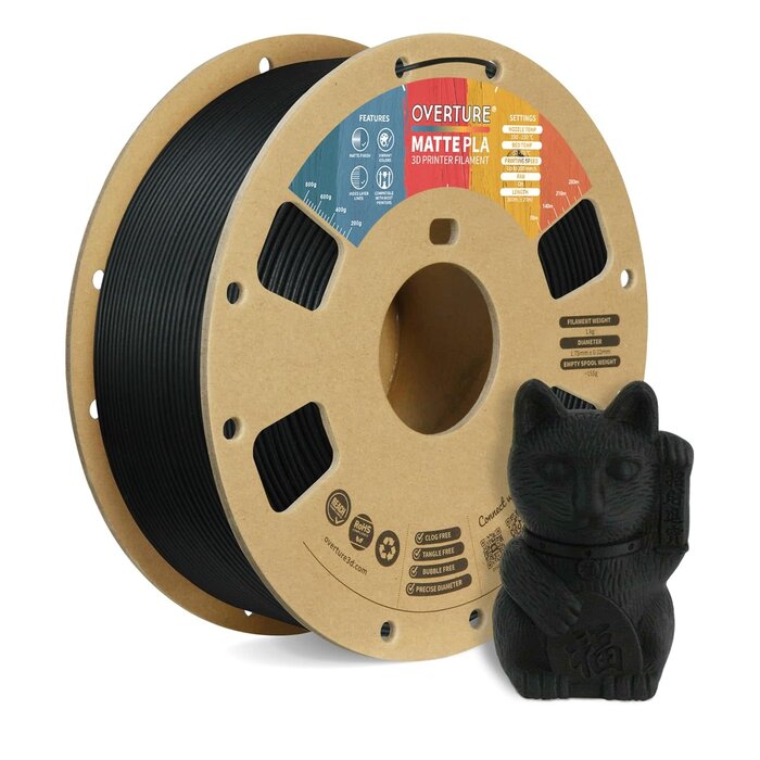 OVPLA-MTT-BLK - OVERTURE Black Matte PLA 3D Printer Filament 1.75mm, Matte PLA 1kg Cardboard Spool (2.2lbs), Dimensional Accuracy +/- 0.02 mm (Matte Black)