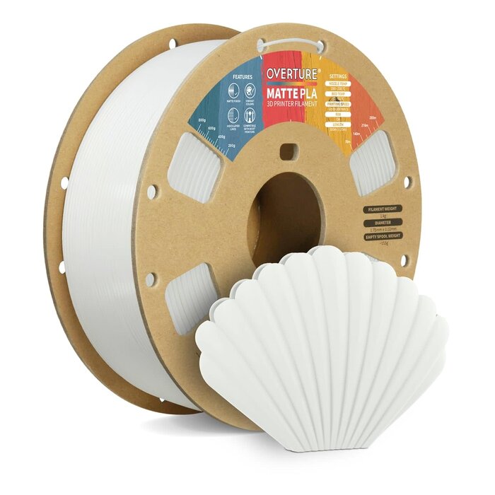 OVPLA-MTTE-WHT - OVERTURE White Matte PLA 3D Printer Filament 1.75mm, Matt Surface & Low Warping Filament 1kg Spool (2.2 lbs), Accuracy +/- 0.02 mm, Fit Most FDM Printers (Matte White)