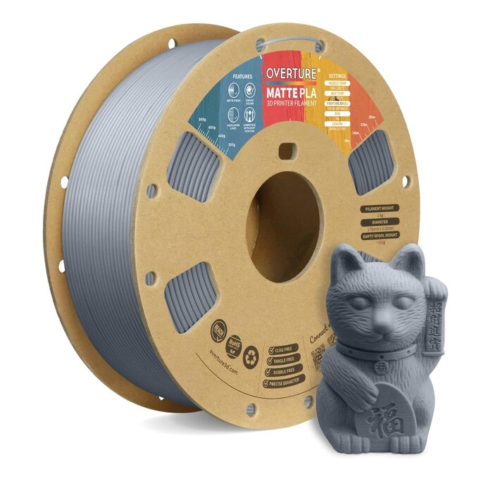 OVPLA-MTTE-LGHT-GRY - OVERTURE PLA Matte 3D Printer Filament 1.75mm, Matte PLA 1kg Cardboard Spool (2.2lbs), Dimensional Accuracy +/- 0.02 mm (Matte Light Gray)