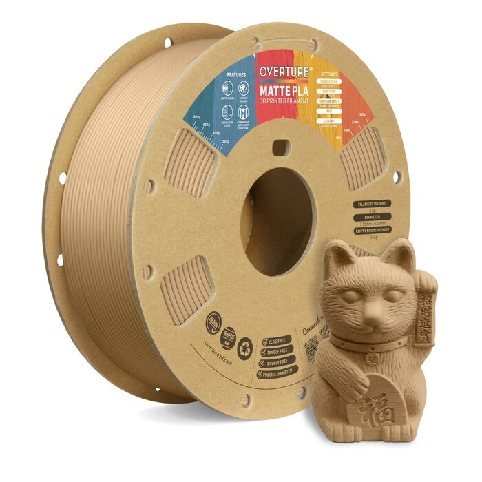 OVPLA-MTTE-LGHT-BRN - OVERTURE Light Brown Matte PLA 3D Printer Filament 1.75mm, Matte PLA 1kg Cardboard Spool (2.2lbs), Dimensional Accuracy +/- 0.02 mm (Matte Light Brown)