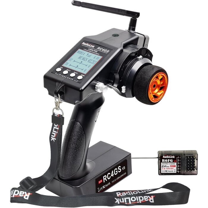 Radiolink RC4GS-V3 - Radiolink 5 Channel RC Transmitter and Receiver, 2.4GHz Surface Remote Controller R6FG Gyro RX Combo, 30 Models Storage for RC Crawler, Drifting, Bash, Buggy Cars and Boats