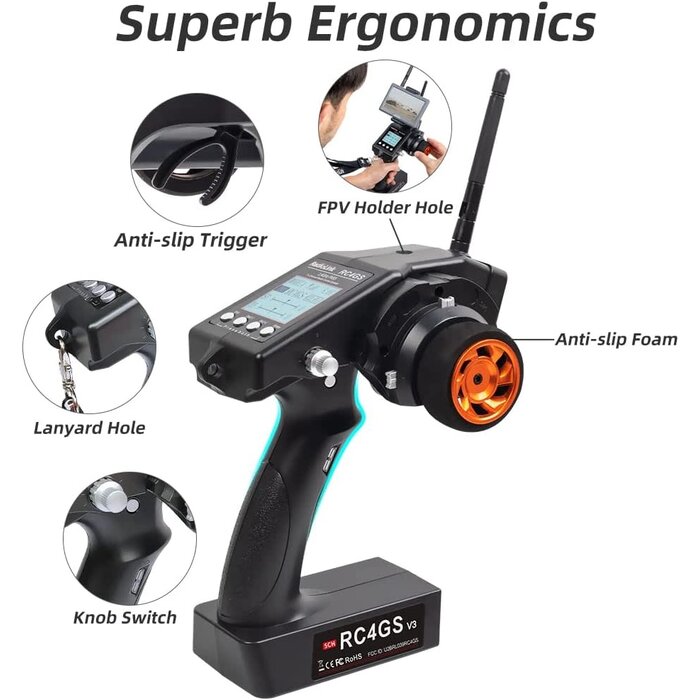 Radiolink RC4GS-V3 - Radiolink RC4GS V3 5 Channels RC Transmitter and Receiver, 2.4GHz Surface Remote Controller R6FG Gyro RX Combo, 30 Models Storage for RC Crawler, Drifting, Bash, Buggy Cars and Boats