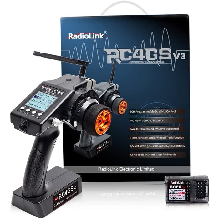 Radiolink RC4GS-V3 - Radiolink 5 Channel RC Transmitter and Receiver, 2.4GHz Surface Remote Controller R6FG Gyro RX Combo, 30 Models Storage for RC Crawler, Drifting, Bash, Buggy Cars and Boats