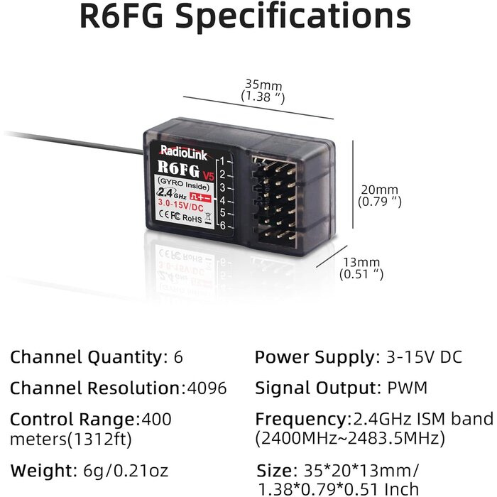Radiolink R6FG - Radiolink R6FG 6 Channels 2.4GHz RC Receiver with Gyro, Surface Long Range Control RX for Vehicle Drifting/Crawler/Truck/Boat Works with Radio Controller RC4GS V3/RC6GS V3/RC4GS V2/RC6GS V2/T8FB/T8S
