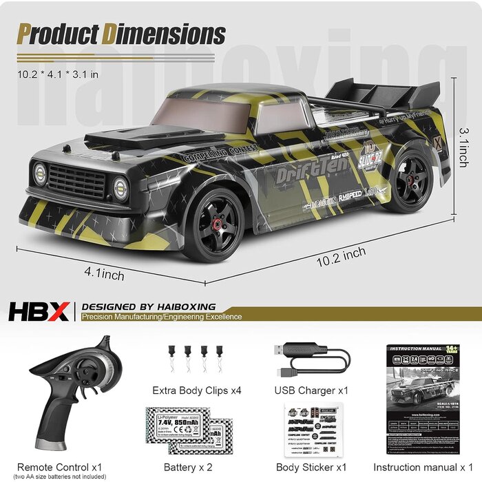 HAIBOXING DRIFTTEN-2196 - HAIBOXING DriftTen 1/18 Scale RTR Drift RC Car 28 KM/H High Speed with Gyro, 2.4 Ghz Electric Vehicle RTR 4X4 Remote Control Cars Drifting Race Toys for Adults Boys Girls Kids Gifts with Two Batteries