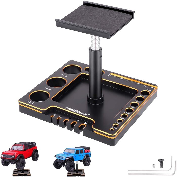10767-10768 - HobbyPark 1/18 1/24 RC Crawler Work Stand 360 Degree Rotation Lift Or Lower RC Car Repair Workstation for TRX4M TRX4MT Axial SCX24 AX24 FCX24 Tools (Unassembled) (Black-Gold)