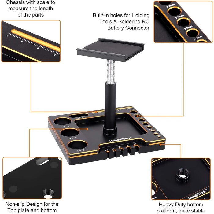 10767-10768 - HobbyPark 1/18 1/24 RC Crawler Work Stand 360 Degree Rotation Lift Or Lower RC Car Repair Workstation for TRX4M TRX4MT Axial SCX24 AX24 FCX24 Tools (Unassembled) (Black-Gold)