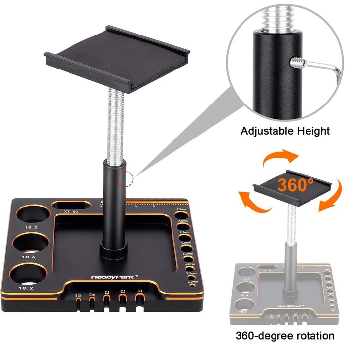 10767-10768 - HobbyPark 1/18 1/24 RC Crawler Work Stand 360 Degree Rotation Lift Or Lower RC Car Repair Workstation for TRX4M TRX4MT Axial SCX24 AX24 FCX24 Tools (Unassembled) (Black-Gold)