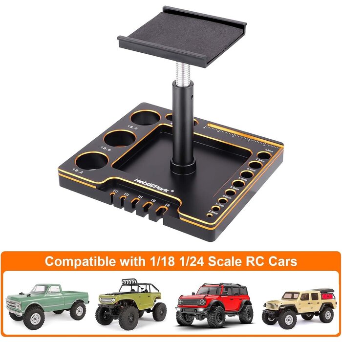 10767-10768 - HobbyPark 1/18 1/24 RC Crawler Work Stand 360 Degree Rotation Lift Or Lower RC Car Repair Workstation for TRX4M TRX4MT Axial SCX24 AX24 FCX24 Tools (Unassembled) (Black-Gold)